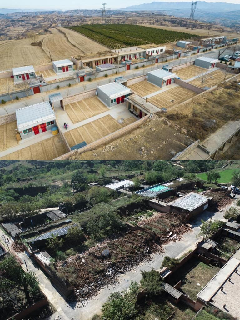 拼版照片，上圖是2022年1月山西省霍州市師莊鄉(xiāng)馮南垣村災(zāi)后恢復(fù)重建后的場景，下圖是2021年10月村莊因?yàn)?zāi)受損的場景。(霍州市委宣傳部供圖)