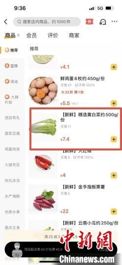 圖為線下每斤約3.8元的黃白菜線上7.4元。