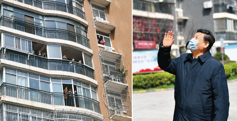 2020年3月10日，習(xí)近平專門赴湖北省武漢市考察新冠肺炎疫情防控工作。這是習(xí)近平在東湖新城社區(qū)考察時(shí)，向在家隔離居住的居民揮手致意、表示慰問(wèn)（拼版照片）