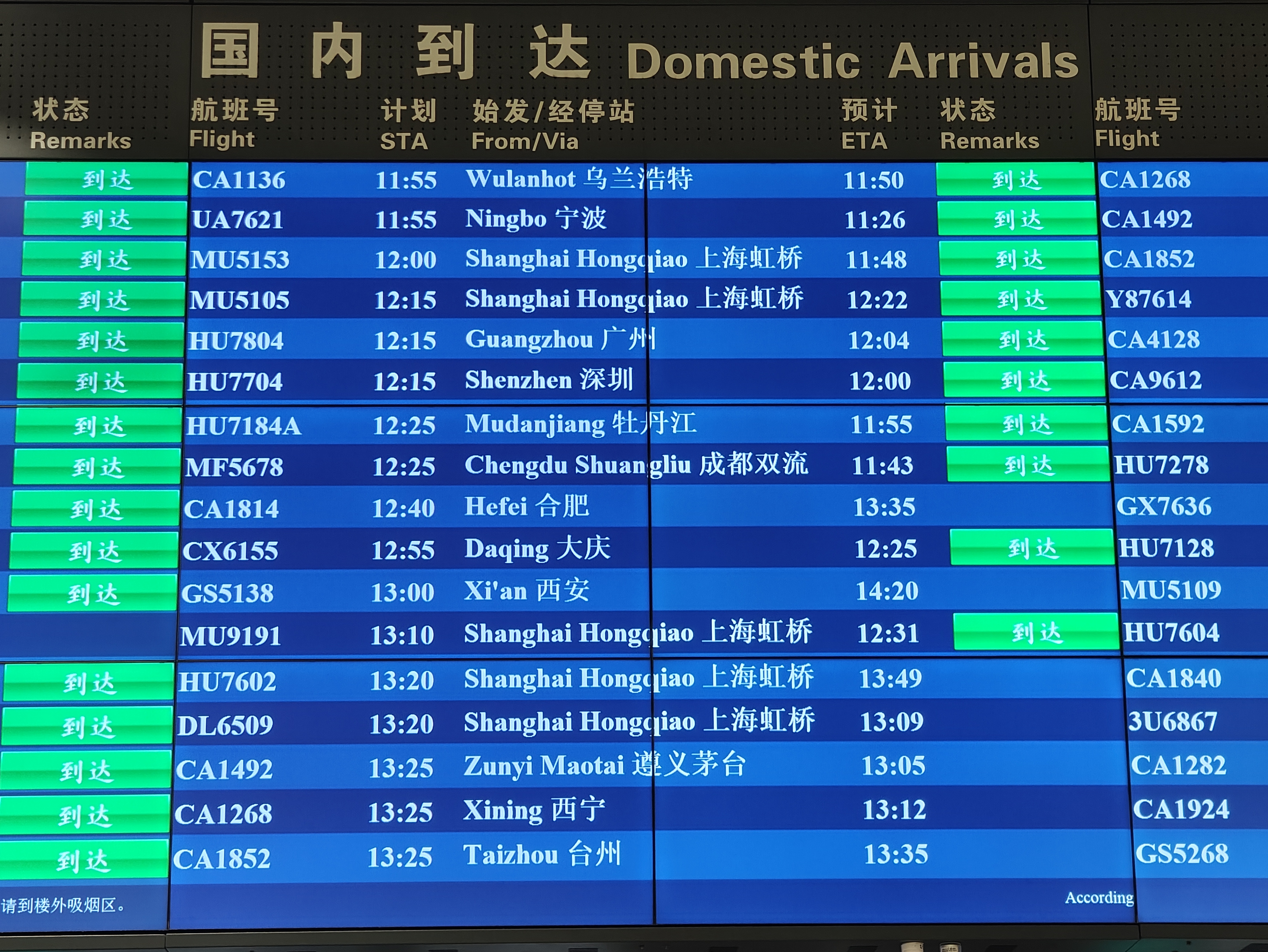 首都機(jī)場(chǎng)大屏顯示，MU9191航班于12:31順利到達(dá)。人民網(wǎng)記者 夏曉倫攝