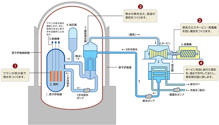 核電站運(yùn)作原理圖。通常的核電站排水未直接接觸核燃料。（圖片來源：日本北海道電力株式會社網(wǎng)站）
