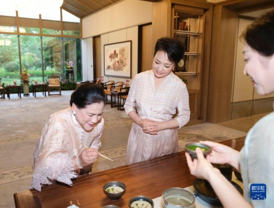 7月27日下午，國家主席習(xí)近平夫人彭麗媛在四川成都會見陪同印度尼西亞總統(tǒng)佐科來華出席第31屆世界大學(xué)生夏季運動會開幕式并訪華的總統(tǒng)夫人伊莉亞娜。這是彭麗媛邀請伊莉亞娜觀看茶藝表演，并同伊莉亞娜親切茶敘。新華社記者 丁林 攝