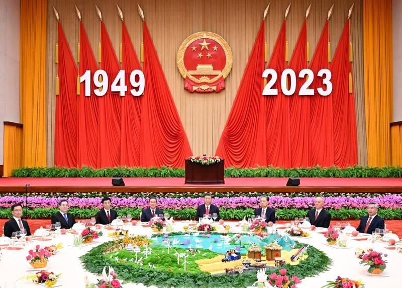 △2023年9月28日，慶祝中華人民共和國成立74周年招待會在北京人民大會堂舉行。