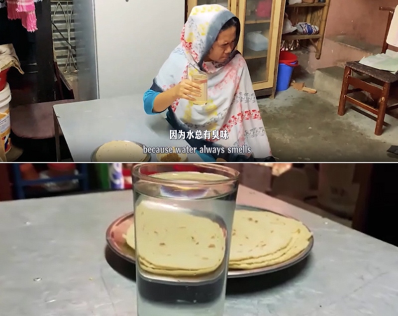 圖為紀(jì)實(shí)短片截圖：上圖為水質(zhì)未改善前，飲用水發(fā)黃渾濁；下圖為水廠建成后，飲用水水質(zhì)明顯改善，清澈透明。