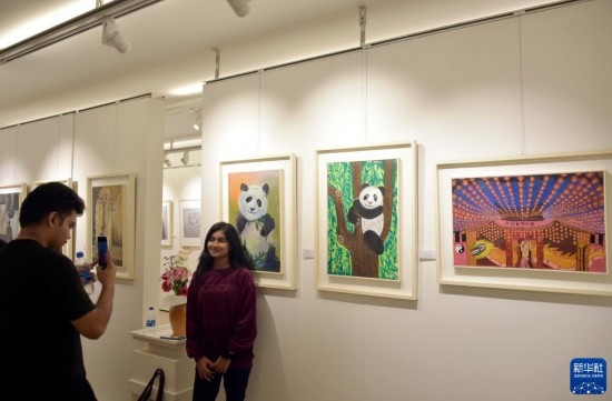 11月22日，在孟加拉國達卡，人們在“國家印象”繪畫展上參觀拍照。新華社發(fā)（薩利姆攝）