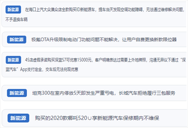 “人民投訴”用戶吐槽新能源汽車功能障礙多發(fā)、升級(jí)后配套服務(wù)跟不上、虛假優(yōu)惠、保修期內(nèi)不維保的問題。（“人民投訴”平臺(tái)截圖）