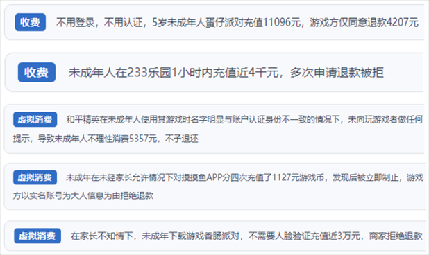 “人民投訴”用戶舉報(bào)身份認(rèn)證成擺設(shè)、大額充值無提醒、提供證據(jù)被駁回、商家設(shè)置退款障礙等未成年人網(wǎng)游消費(fèi)亂象。（“人民投訴”平臺(tái)截圖）