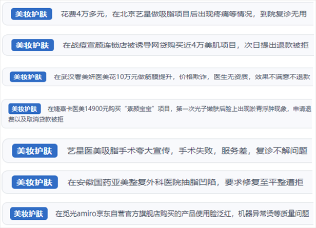 “人民投訴”用戶舉報(bào)醫(yī)美未達(dá)預(yù)期效果或?qū)е律眢w損傷退款遭拒、機(jī)構(gòu)及服務(wù)人員虛假資質(zhì)、被誘導(dǎo)高額醫(yī)美貸、網(wǎng)購美容儀器質(zhì)量不過關(guān)等問題。（“人民投訴”平臺(tái)截圖）