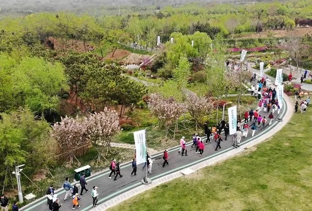 4月27日，登山愛(ài)好者在浮山森林公園參加登山健身活動(dòng)（無(wú)人機(jī)照片）。新華社記者 李紫恒攝