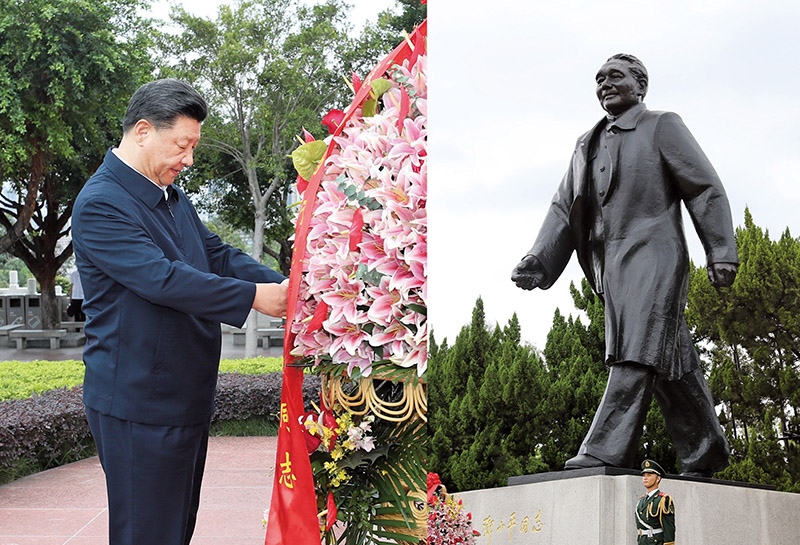 2020年10月14日，深圳經(jīng)濟(jì)特區(qū)建立40周年慶祝大會(huì)在廣東省深圳市隆重舉行。中共中央總書記、國(guó)家主席、中央軍委主席習(xí)近平在會(huì)上發(fā)表重要講話。這是當(dāng)天下午，習(xí)近平來(lái)到蓮花山公園，向鄧小平同志銅像敬獻(xiàn)花籃。 新華社記者 王曄/攝