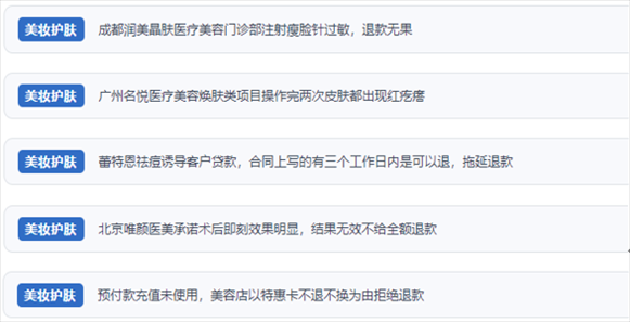 網(wǎng)友涉及醫(yī)美機構(gòu)虛假宣傳、誘導(dǎo)消費、致傷客戶、違約不退費等消費侵權(quán)的相關(guān)投訴。（“人民投訴”用戶投訴截圖）