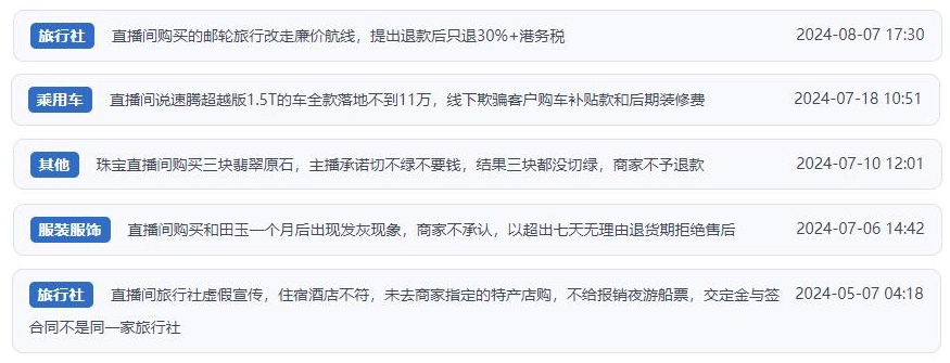 近期網(wǎng)友涉及直播購物相關(guān)投訴問題。（“人民投訴”用戶投訴截圖）