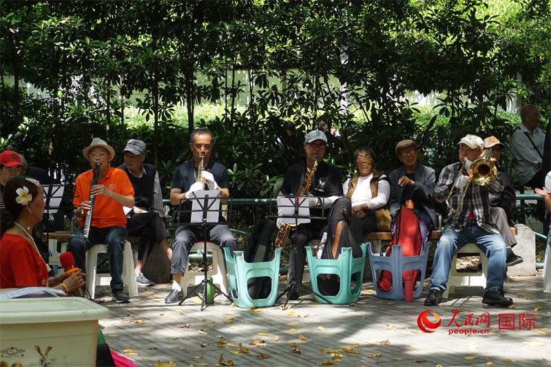 成都居民在公園里演奏歌曲。人民網(wǎng) 王禹蘅攝