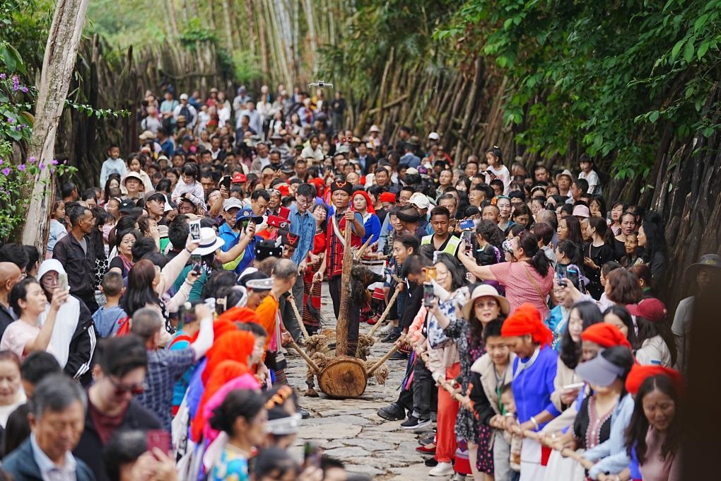 5月3日，各地游客在滄源縣翁丁村和村民一起參加佤族傳統(tǒng)民俗拉木鼓活動。（滄源縣融媒體中心供圖）