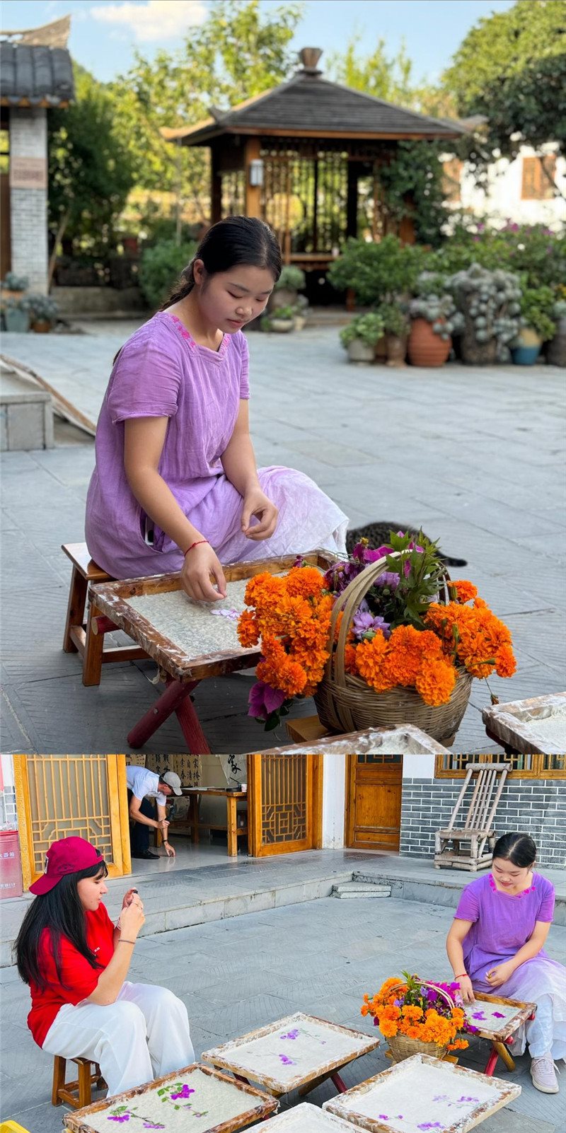 沒有女生不愛花。以古法造紙技藝為基礎(chǔ)，再輔以花草枝葉勾勒各式圖案，創(chuàng)作出花茂村獨具特色的紙漿壓花畫，少女手中的花是她眼中的風(fēng)景，而她與正在制作的紙漿壓花畫也是別人眼中的風(fēng)景。（哈薩克斯坦BAQ通訊社高級記者古爾詹·拉曼庫洛娃、張亞欣攝）