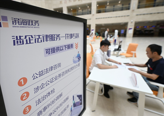 在天津?yàn)I海新區(qū)政務(wù)服務(wù)中心，工作人員在“涉企法律服務(wù)一件事”專區(qū)為市民提供服務(wù)（2024年7月31日攝）。新華社記者 趙子碩 攝