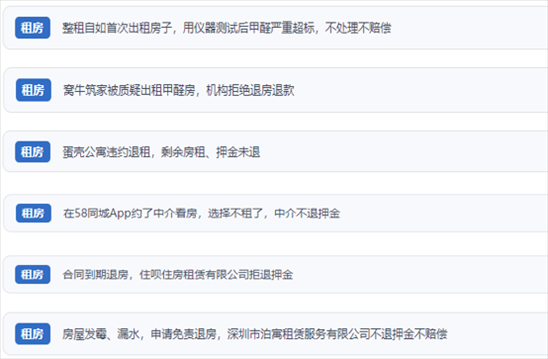 網(wǎng)友涉及租房消費中的相關(guān)投訴問題。（“人民投訴”用戶投訴截圖）