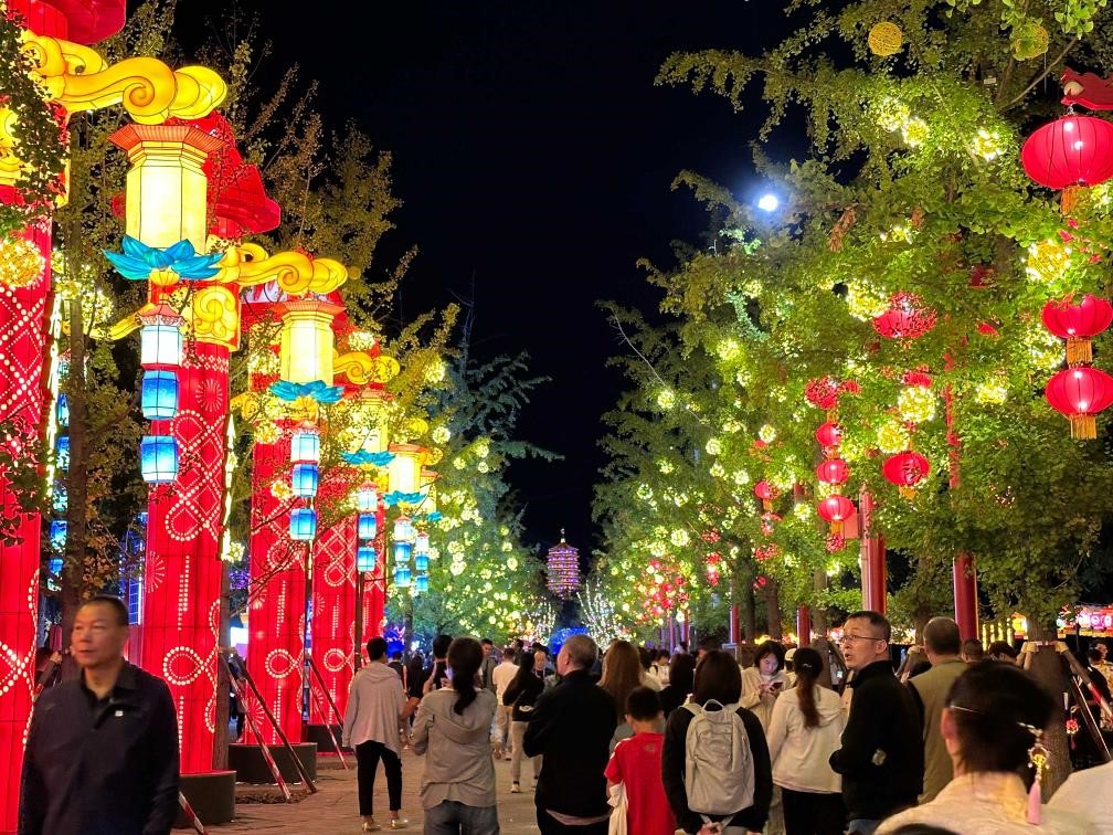 市民游客在2024年北京中秋國慶彩燈游園會(huì)欣賞彩燈。新華社記者楊淑君 攝