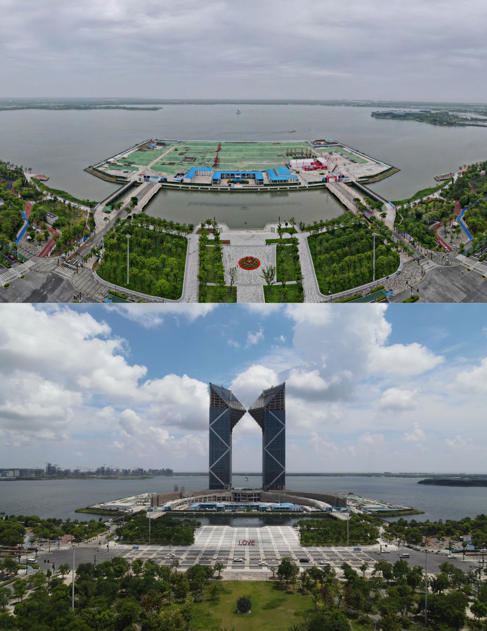 拼版照片：空中俯瞰中國(guó)（上海）自由貿(mào)易試驗(yàn)區(qū)臨港新片區(qū)滴水湖西島中銀金融中心項(xiàng)目現(xiàn)場(chǎng)（上圖為2021年6月20日攝，無(wú)人機(jī)照片；下圖為2024年8月14日攝，無(wú)人機(jī)照片）。2019年8月20日，臨港新片區(qū)揭牌成立，一個(gè)開(kāi)放新高地在長(zhǎng)江與東海交匯處日益崛起。