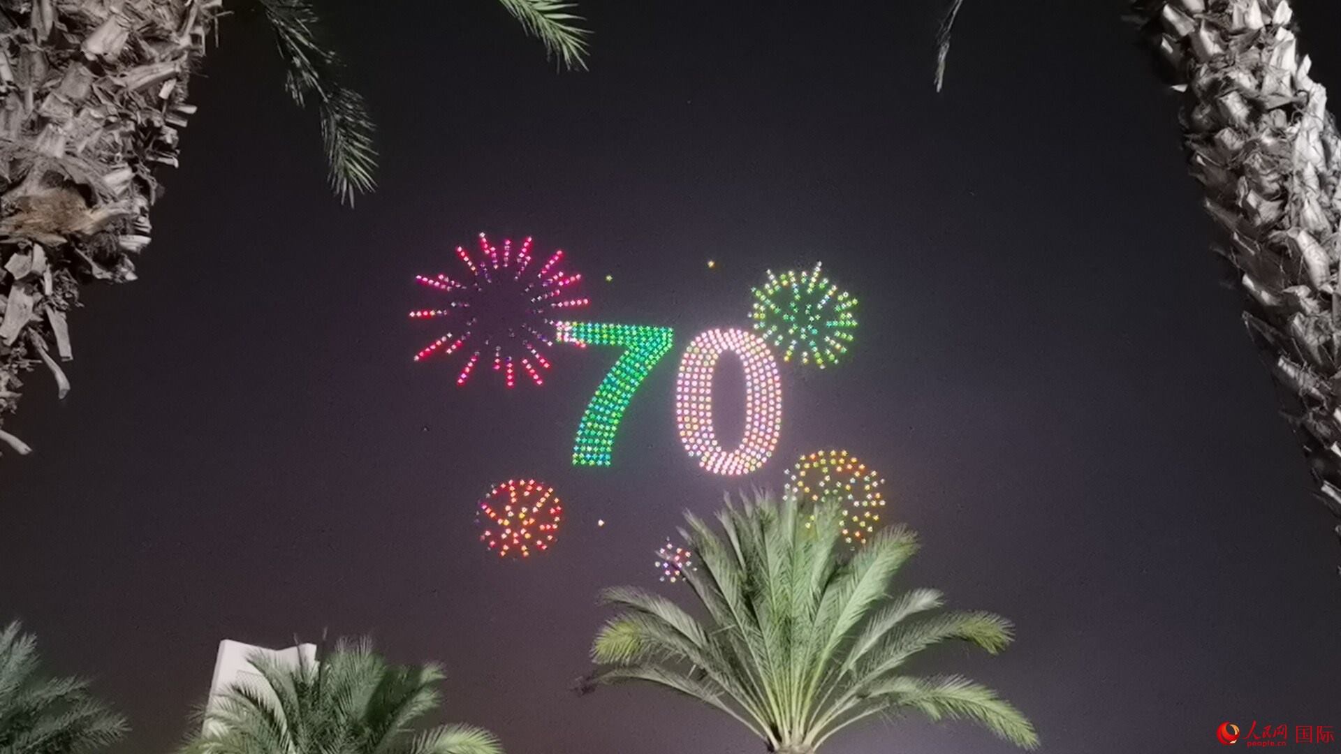 無人機(jī)隊(duì)形在空中變幻出圖案 人民網(wǎng)記者 郝瑞敏攝