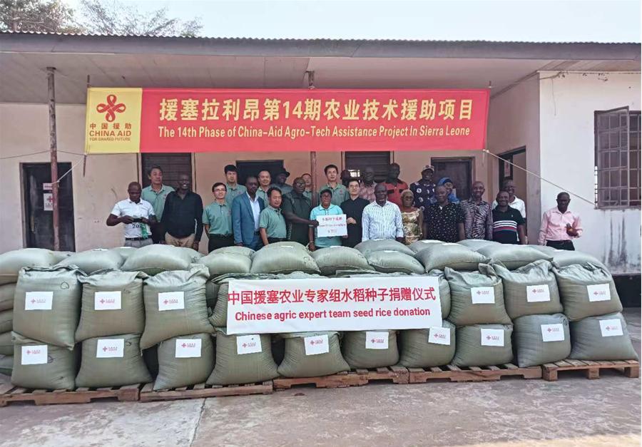 中國(guó)援塞拉利昂農(nóng)業(yè)專(zhuān)家組在塞南方省博城舉辦水稻種子捐贈(zèng)儀式。中國(guó)援塞農(nóng)業(yè)專(zhuān)家組供圖