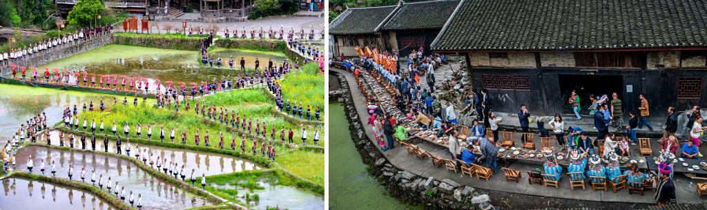 左圖：近期，人們?cè)诶杵娇h肇興侗寨的田園里演唱侗族大歌（黎平縣委宣傳部供圖）；右圖：這是2023年拍攝的十八洞村長(zhǎng)桌宴（湘西州委宣傳部供圖）。