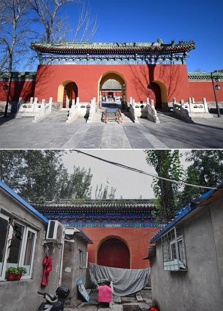 位于先農(nóng)壇內(nèi)的慶成宮，曾長時間被雜亂的民居占據(jù)。在北京中軸線申遺保護(hù)工作的帶動下，北京完成了慶成宮區(qū)域文物征收騰退、非文物建筑拆除、彩畫保護(hù)、本體修繕、展覽布陳等，讓560多年歷史的古建群重新回歸。2024年12月，北京中軸線上先農(nóng)壇內(nèi)的慶成宮首次面向社會公眾開放。上圖為騰退修繕后的慶成宮內(nèi)宮門（資料照片）；下圖為翻拍的慶成宮內(nèi)宮門騰退修繕前的資料照片（2024年12月21日攝）。